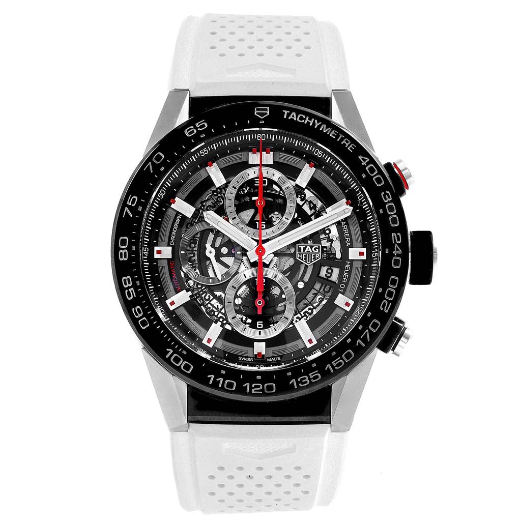 The image shows a front view of the Tag Heuer Carrera CAR2A1Z.FT6051 Men's Titanium Black Dial CAR2A1Z.FT6051 Men's Titanium Black Dial watch, highlighting its dial, tachymeter, and white perforated strap.