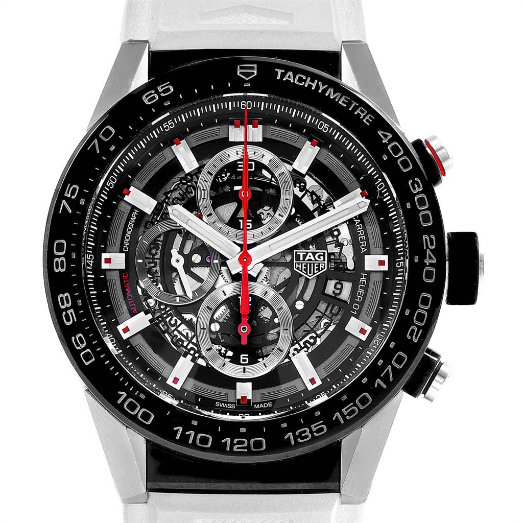 This image shows a front view of the Tag Heuer Carrera CAR2A1Z.FT6051 Men's Titanium Black Dial CAR2A1Z.FT6051 Men's Titanium Black Dial model, featuring a tachymeter bezel and visible chronograph sub-dials.