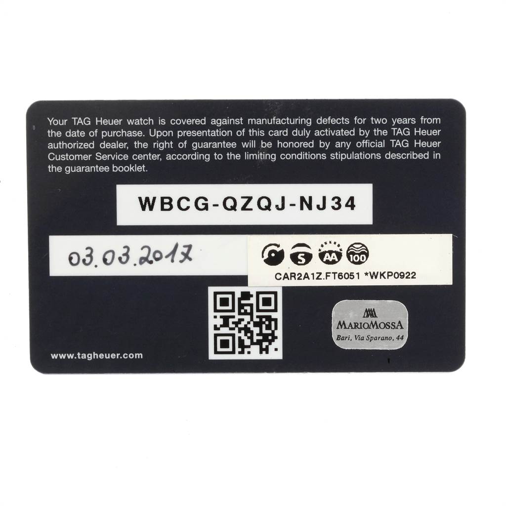 This image shows a warranty card for the Tag Heuer Carrera CAR2A1Z.FT6051 Men's Titanium Black Dial CAR2A1Z.FT6051 Men's Titanium Black Dial model watch.