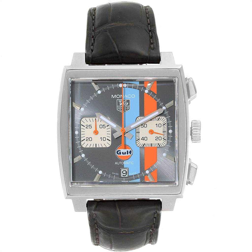 The image shows a Tag Heuer Monaco CAW2113.FC6250 Men's Stainless Steel Grey Dial CAW2113.FC6250 Men's Stainless Steel Grey Dial watch from a front-facing angle, showcasing its face, strap, and side buttons.