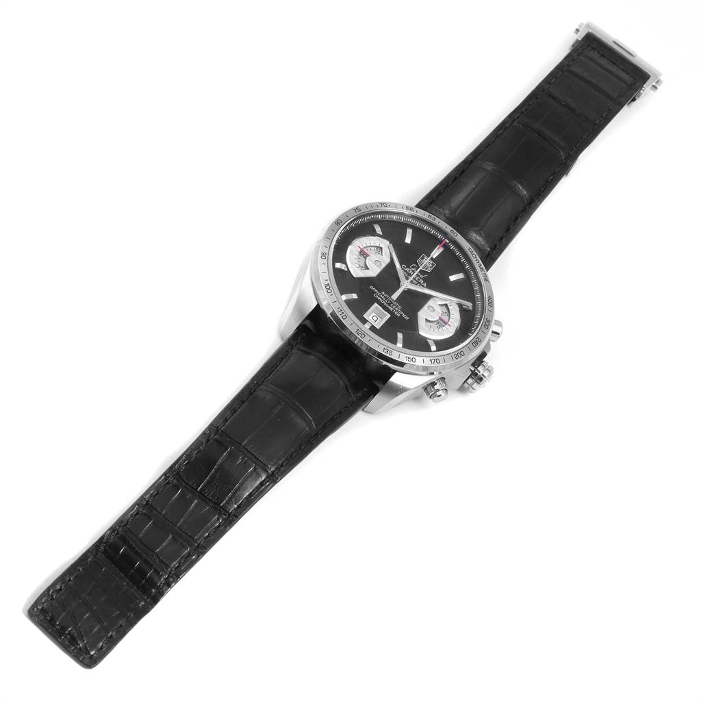 The image shows a Tag Heuer Carrera CAV511A.FC6225 Men's Stainless Steel Black Dial CAV511A.FC6225 Men's Stainless Steel Black Dial model watch from a top-down angle, displaying the face, bezel, and black leather strap.