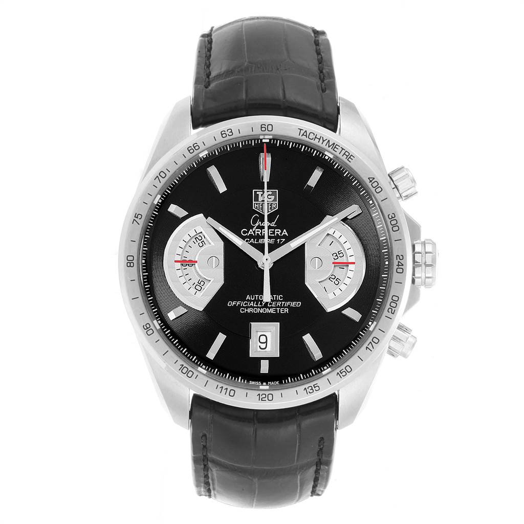The image shows a front view of a Tag Heuer Carrera CAV511A.FC6225 Men's Stainless Steel Black Dial CAV511A.FC6225 Men's Stainless Steel Black Dial chronometer, displaying the dial, bezel, and leather strap.