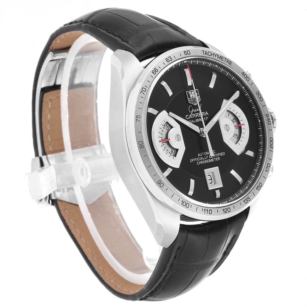 The image shows a Tag Heuer Carrera CAV511A.FC6225 Men's Stainless Steel Black Dial CAV511A.FC6225 Men's Stainless Steel Black Dial watch from a left-side angle, highlighting its black leather strap and chronograph features.