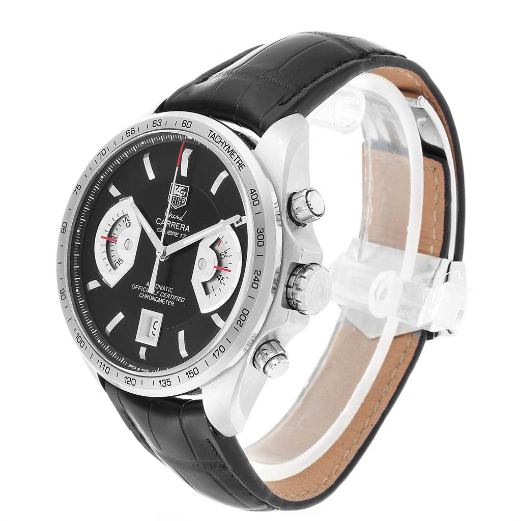 The image shows a side angle of the Tag Heuer Carrera CAV511A.FC6225 Men's Stainless Steel Black Dial CAV511A.FC6225 Men's Stainless Steel Black Dial watch, highlighting its dial, tachymeter bezel, and chronograph pushers.