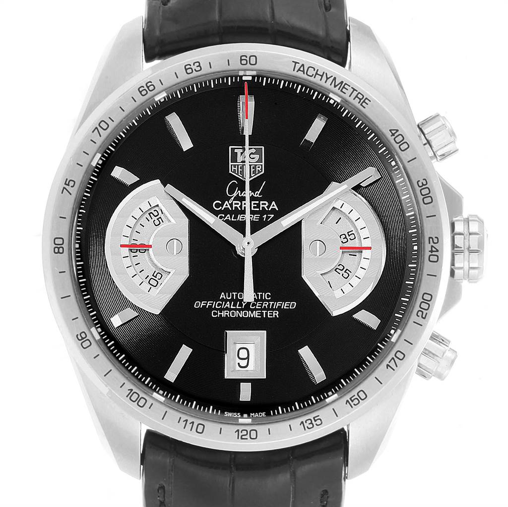 This image shows a front view of a Tag Heuer Carrera CAV511A.FC6225 Men's Stainless Steel Black Dial CAV511A.FC6225 Men's Stainless Steel Black Dial model watch, featuring a black dial, date display, and tachymeter scale.
