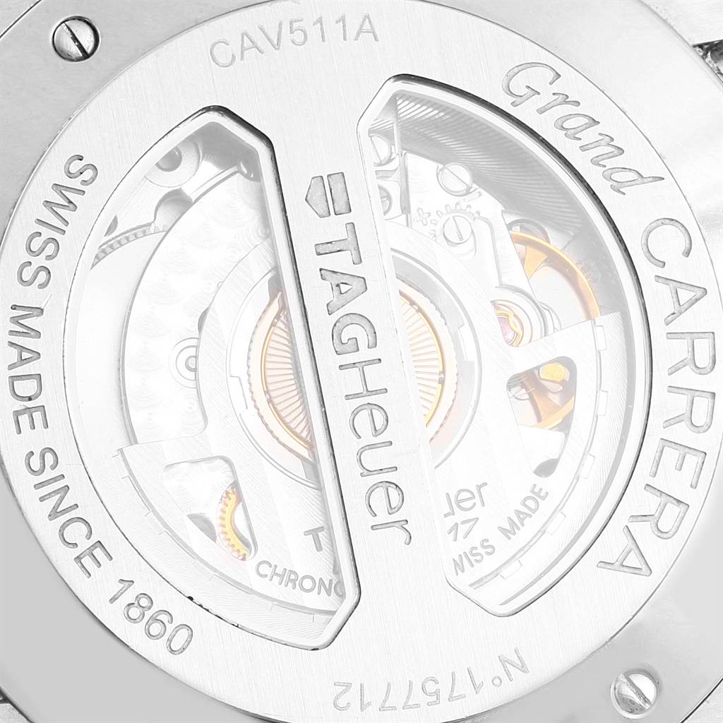 The image shows the back view of the Tag Heuer Carrera CAV511A.FC6225 Men's Stainless Steel Black Dial CAV511A.FC6225 Men's Stainless Steel Black Dial model, highlighting the internal mechanism and engraved details.