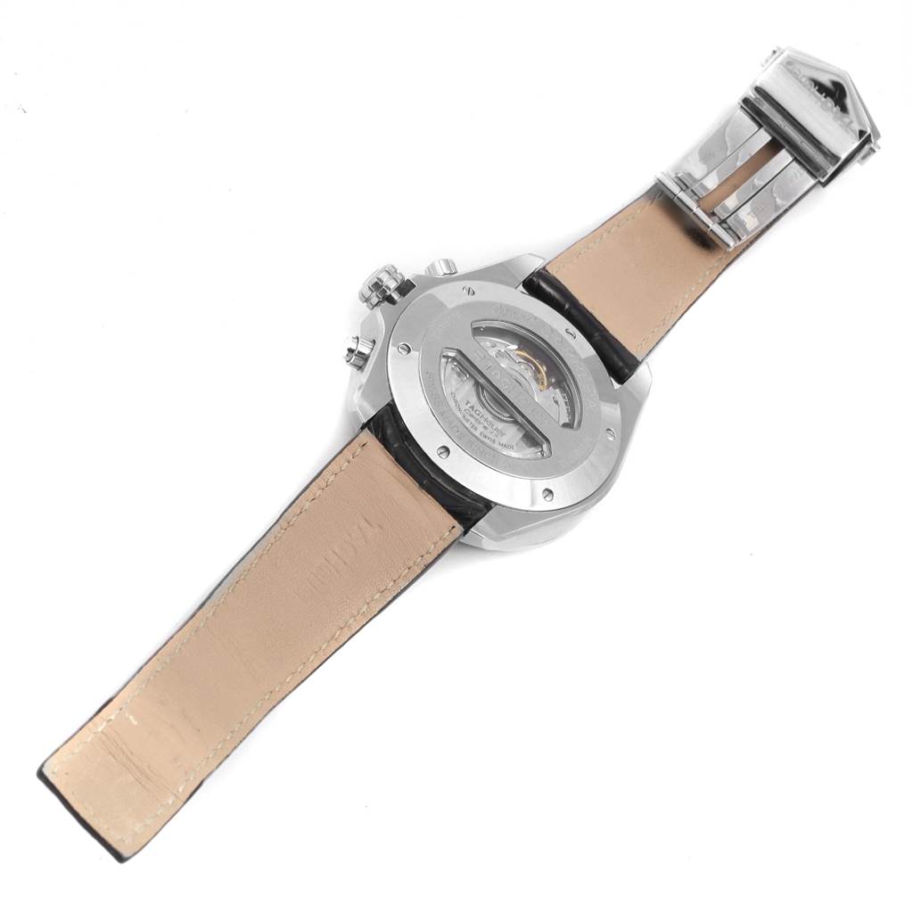 The image shows the back view of a Tag Heuer Carrera CAV511A.FC6225 Men's Stainless Steel Black Dial CAV511A.FC6225 Men's Stainless Steel Black Dial watch, displaying the movement and leather strap.