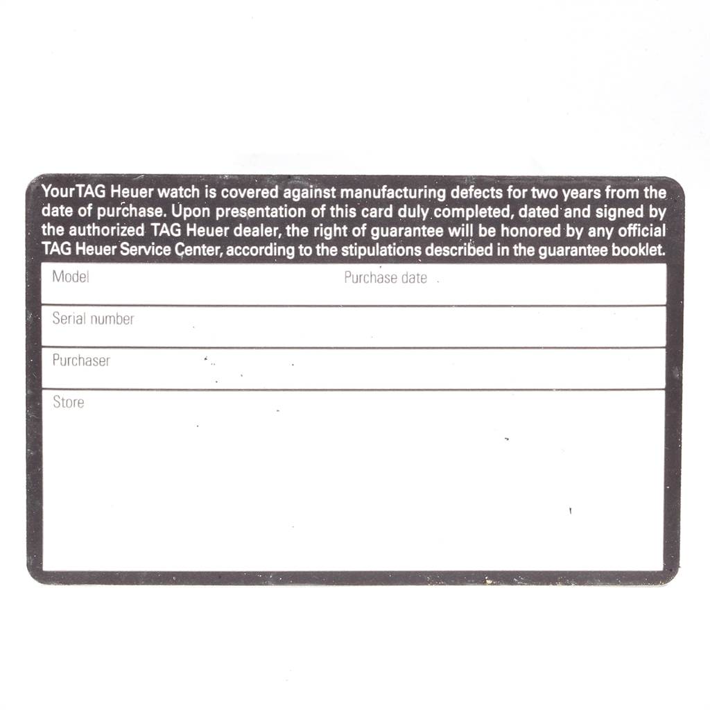 This image shows the warranty card for a Tag Heuer Carrera CAV511A.FC6225 Men's Stainless Steel Black Dial CAV511A.FC6225 Men's Stainless Steel Black Dial model watch, with fields for model, serial number, purchaser, store, and purchase date.