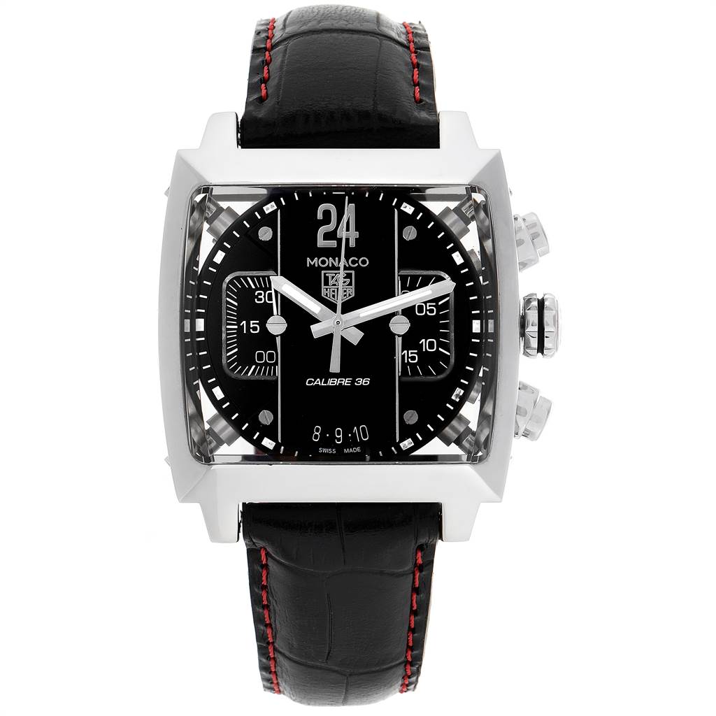 The image shows a front view of a Tag Heuer Monaco CAL5113.FC6329 Men's Stainless Steel Black Dial CAL5113.FC6329 Men's Stainless Steel Black Dial model watch, highlighting its square face, dial, and leather strap.