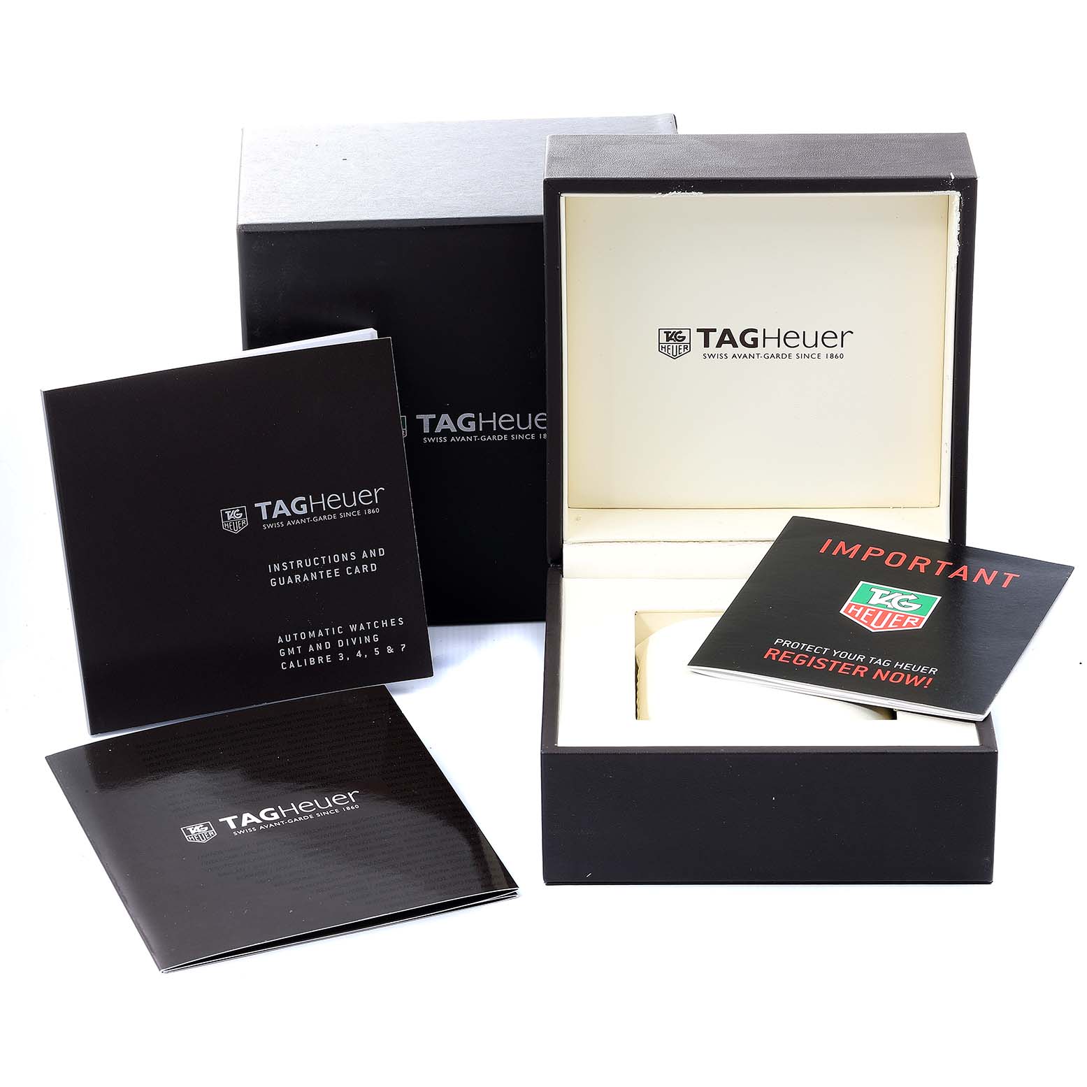 The image shows the packaging, instruction manuals, and warranty cards for the Tag Heuer Aquaracer WAK2111.BA0830 Men's Stainless Steel Blue Dial WAK2111.BA0830 Men's Stainless Steel Blue Dial watch model, with an open box.