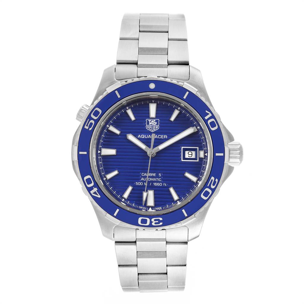 The image shows a front view of the Tag Heuer Aquaracer WAK2111.BA0830 Men's Stainless Steel Blue Dial WAK2111.BA0830 Men's Stainless Steel Blue Dial watch, displaying the dial, bezel, bracelet, and date window.