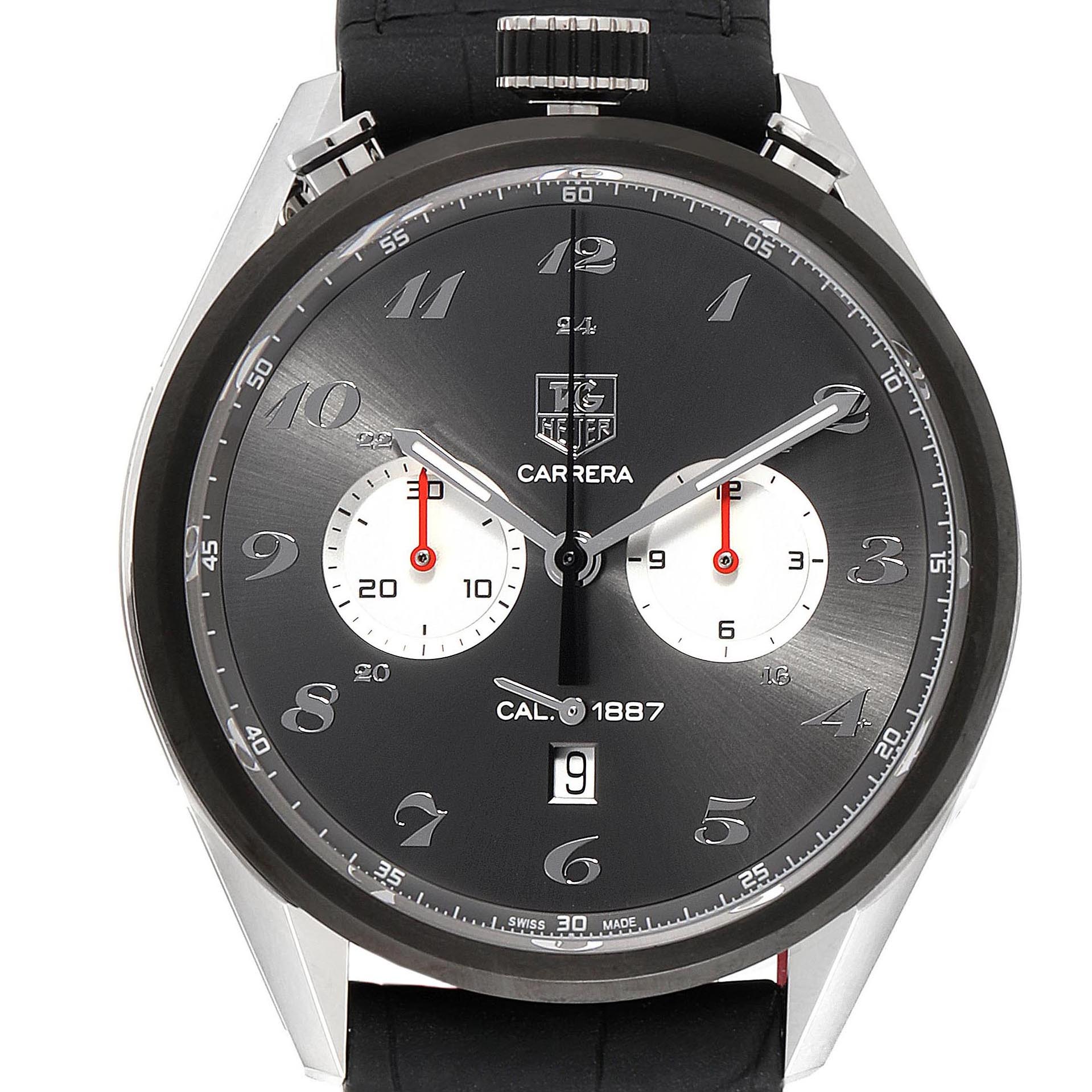 The image shows a front view of the Tag Heuer Carrera CAR2C14 Men's Stainless Steel Grey Dial CAR2C14 Men's Stainless Steel Grey Dial watch, highlighting the face, hands, subdials, crown, and date window.