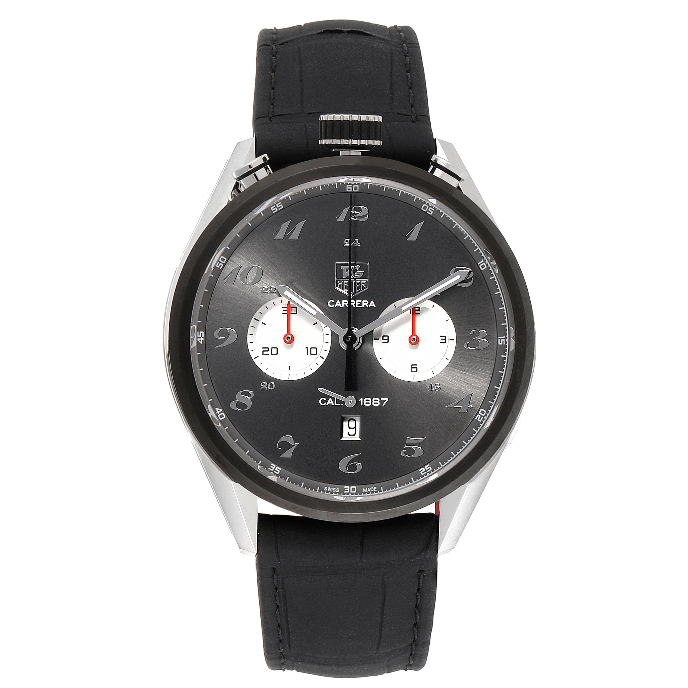 The image shows a front view of a Tag Heuer Carrera CAR2C14 Men's Stainless Steel Grey Dial CAR2C14 Men's Stainless Steel Grey Dial watch with a black strap and dual subdials.
