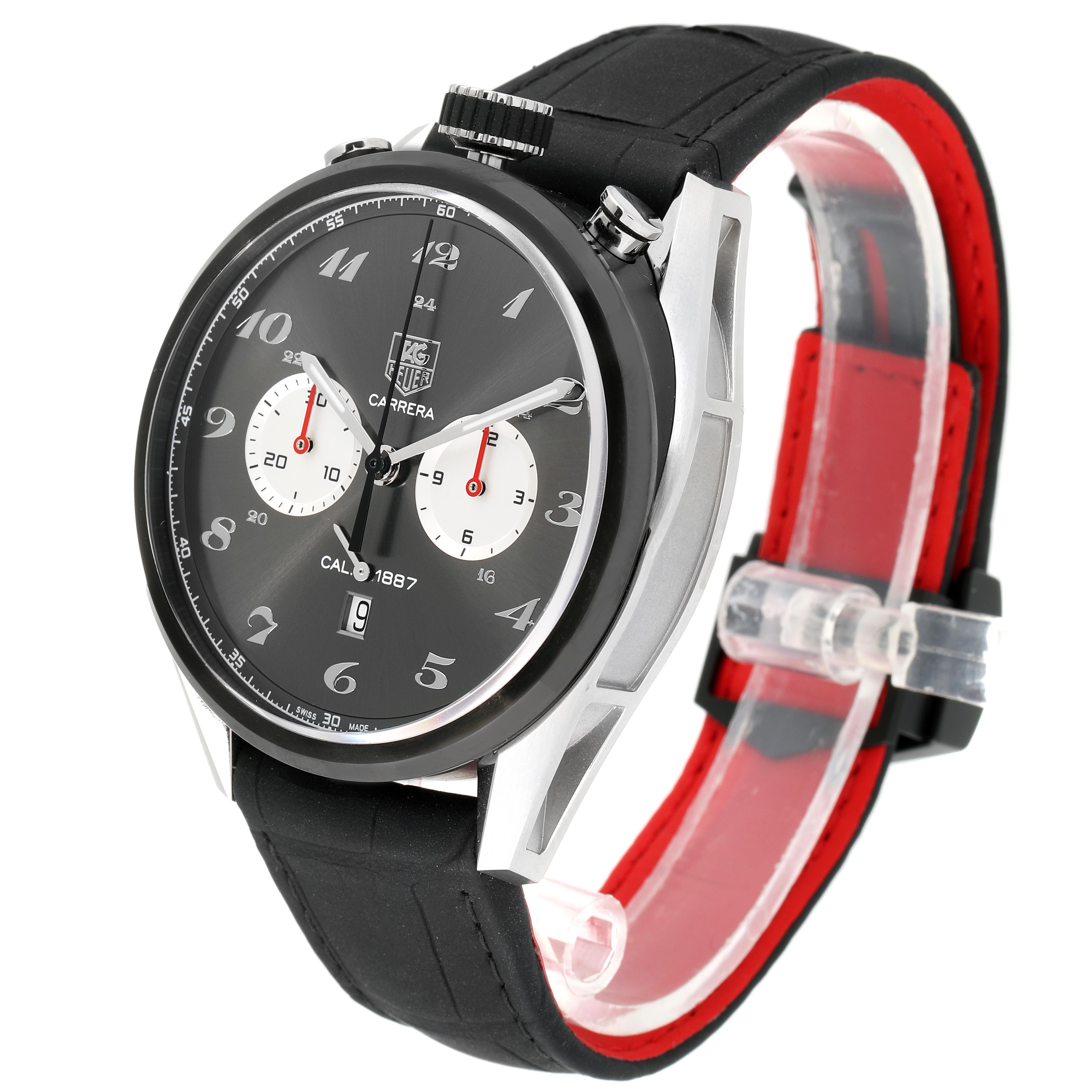 The image shows a Tag Heuer Carrera CAR2C14 Men's Stainless Steel Grey Dial CAR2C14 Men's Stainless Steel Grey Dial watch at a three-quarter angle, highlighting its face, crown, and black and red strap.