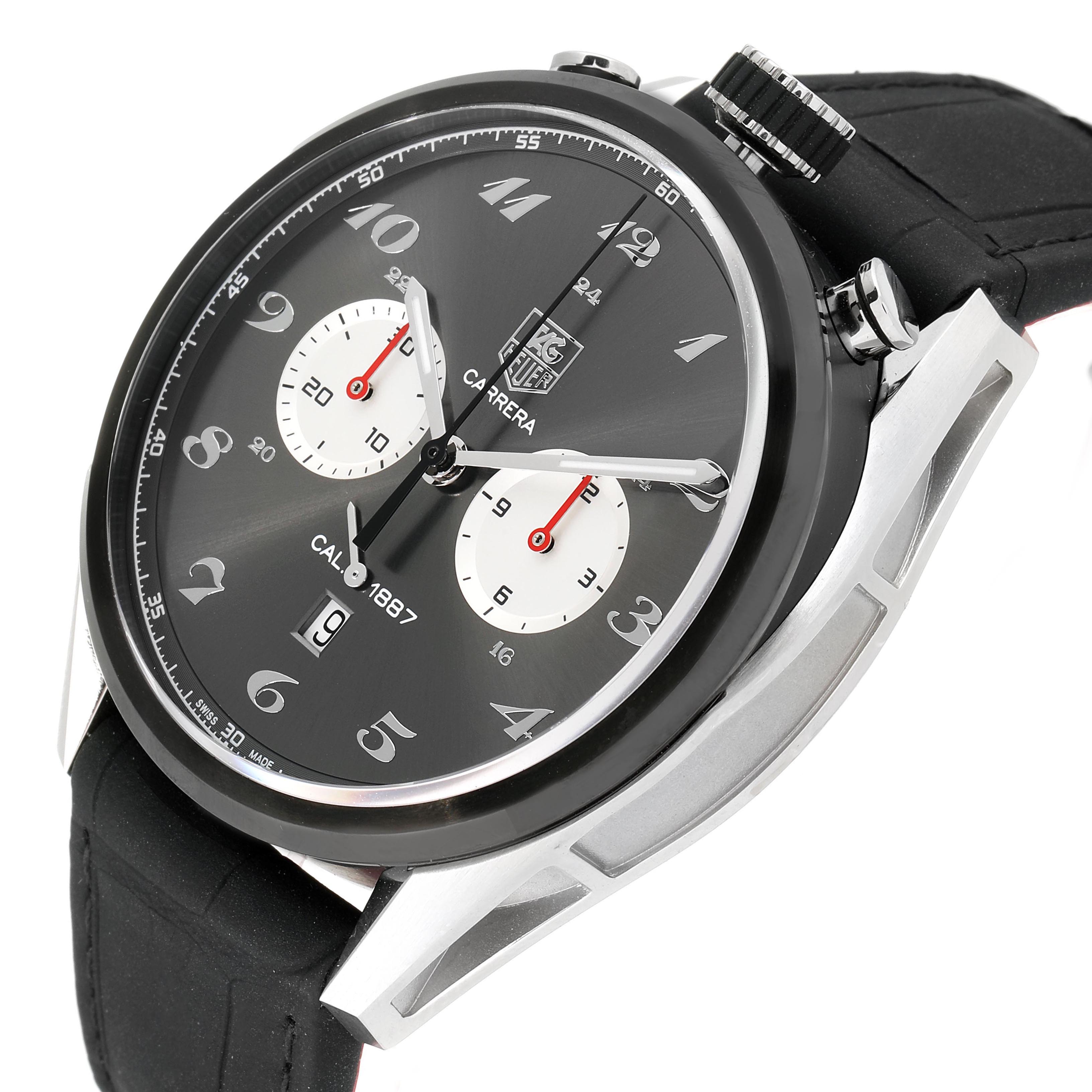 This Tag Heuer Carrera CAR2C14 Men's Stainless Steel Grey Dial CAR2C14 Men's Stainless Steel Grey Dial watch is shown at an oblique angle, highlighting the face, crown, and part of the strap.
