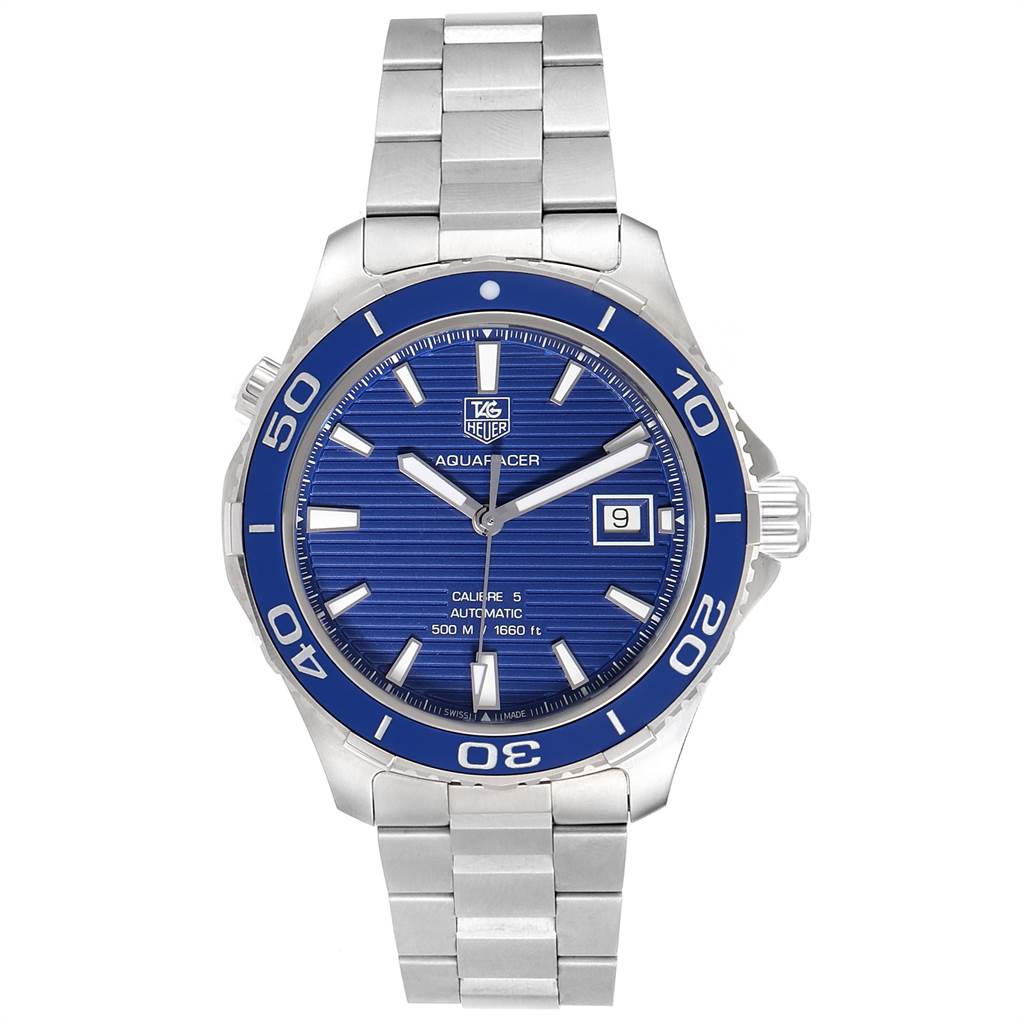 The image shows a front view of a Tag Heuer Aquaracer WAK2111.BA0830 Men's Stainless Steel Blue Dial WAK2111.BA0830 Men's Stainless Steel Blue Dial watch, displaying the dial, bezel, crown, and bracelet.