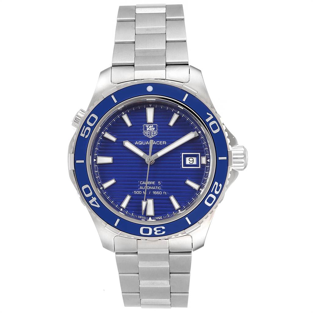 The image shows a front view of the Tag Heuer Aquaracer WAK2111.BA0830 Men's Stainless Steel Blue Dial WAK2111.BA0830 Men's Stainless Steel Blue Dial watch, highlighting its blue dial, bezel, and stainless steel bracelet.