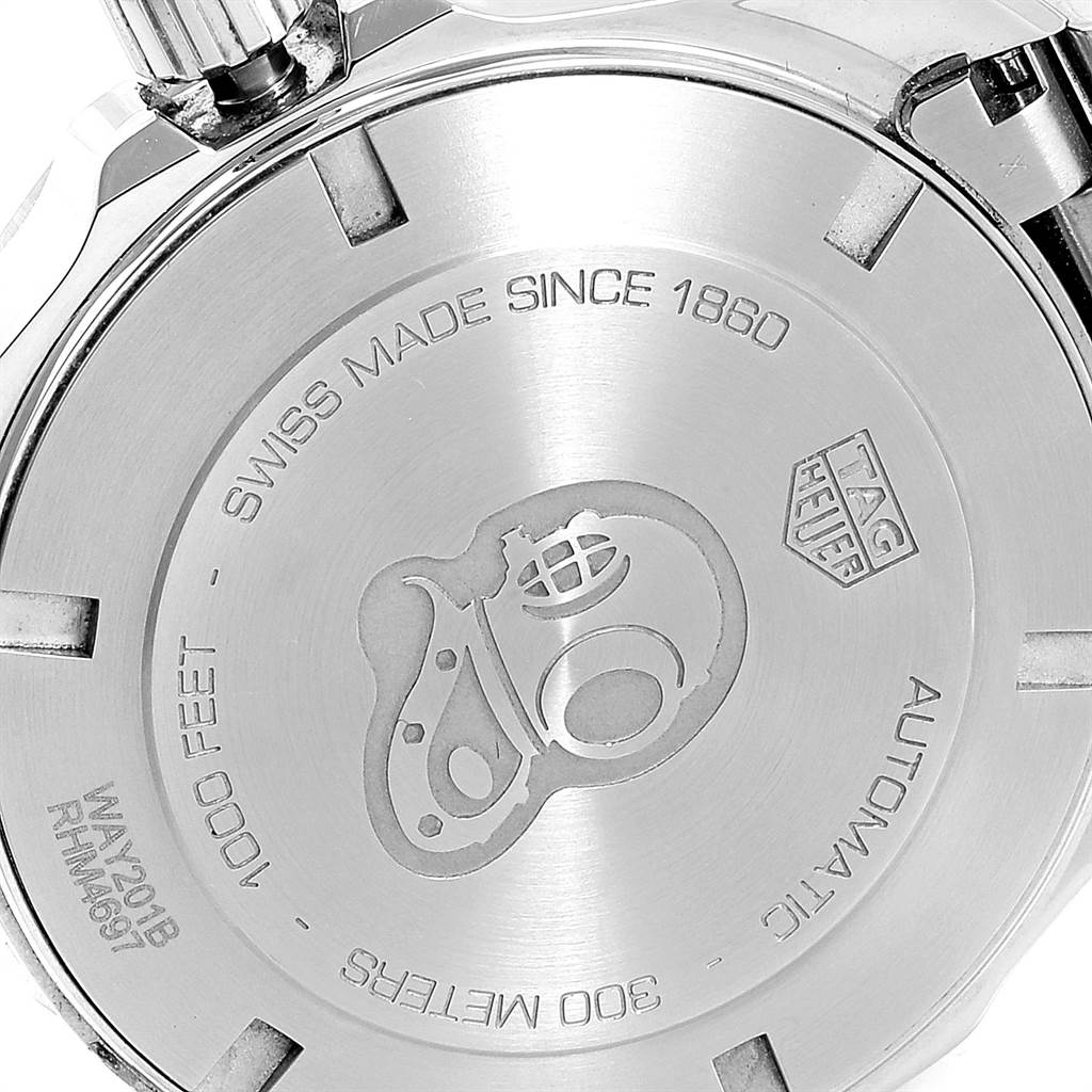 The image shows the back case of a Tag Heuer Aquaracer WAY201B Men's Stainless Steel Blue Dial WAY201B Men's Stainless Steel Blue Dial watch with engravings and logos.