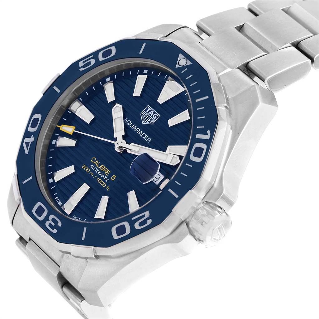 The image shows a Tag Heuer Aquaracer WAY201B Men's Stainless Steel Blue Dial WAY201B Men's Stainless Steel Blue Dial watch at an angle emphasizing the face, bezel, and part of the metal bracelet.