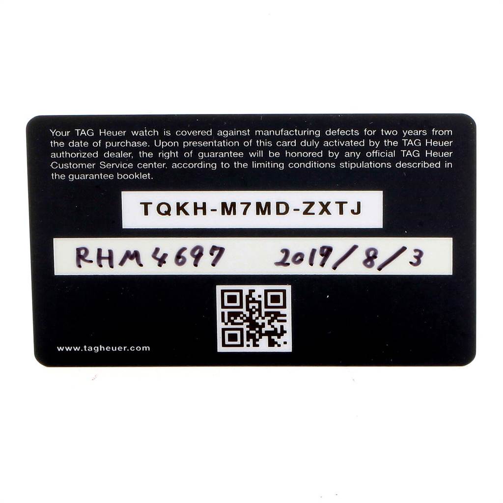 This image shows the warranty card for a Tag Heuer Aquaracer WAY201B Men's Stainless Steel Blue Dial WAY201B Men's Stainless Steel Blue Dial watch, displaying the serial number, model, and date of activation.