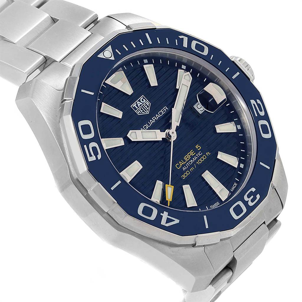 The image shows a close-up, angled view of the Tag Heuer Aquaracer WAY201B Men's Stainless Steel Blue Dial WAY201B Men's Stainless Steel Blue Dial watch, highlighting its blue dial, bezel, and stainless steel bracelet.
