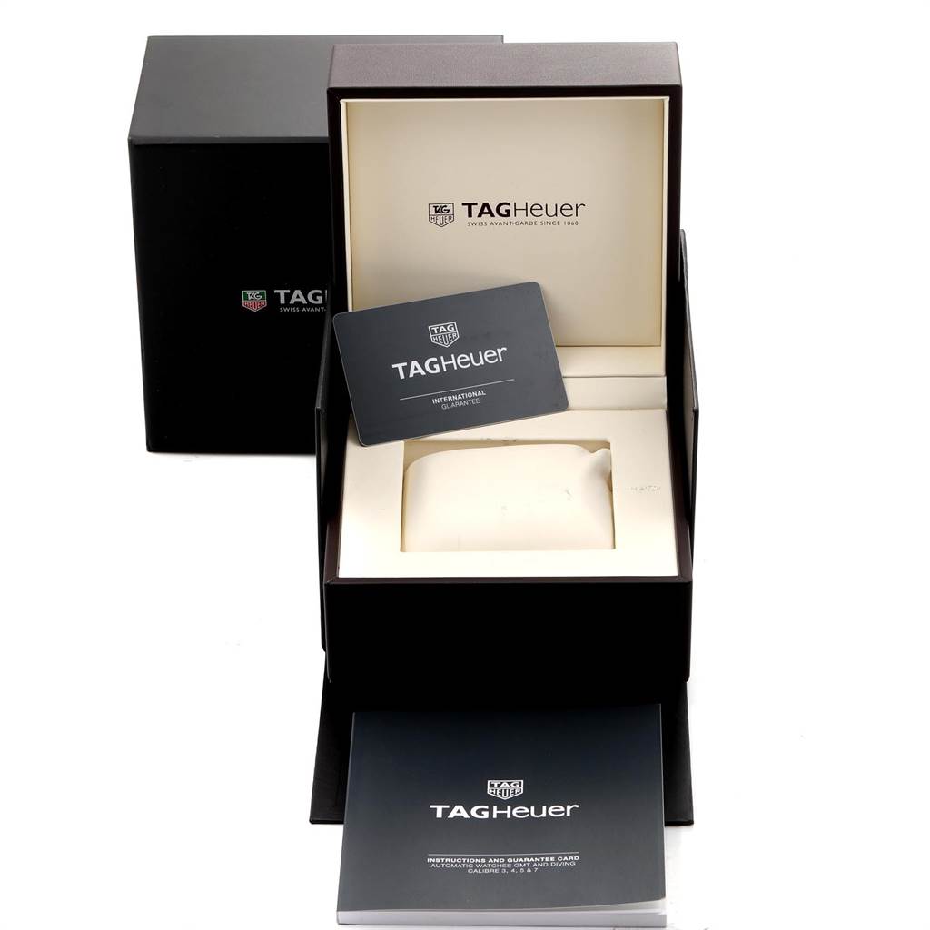 The image shows the packaging for a Tag Heuer Aquaracer WAY201B Men's Stainless Steel Blue Dial WAY201B Men's Stainless Steel Blue Dial watch, including the box, warranty card, and manual.