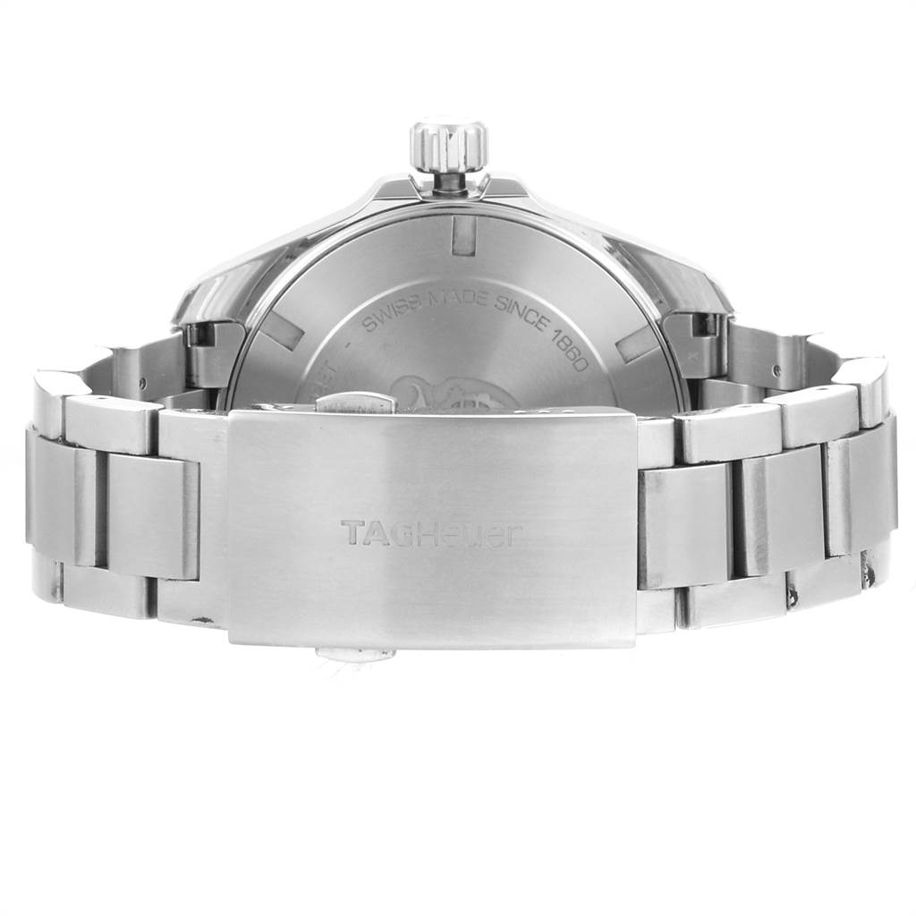 The image shows the back and clasp of a Tag Heuer Aquaracer WAY201B Men's Stainless Steel Blue Dial WAY201B Men's Stainless Steel Blue Dial watch, highlighting the bracelet and caseback.