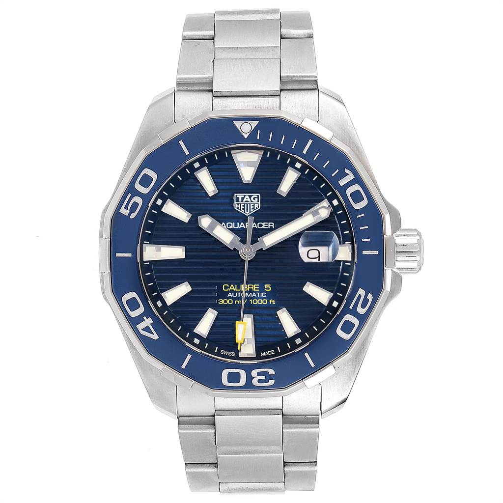 The image shows a front view of a Tag Heuer Aquaracer WAY201B Men's Stainless Steel Blue Dial WAY201B Men's Stainless Steel Blue Dial watch, highlighting its face, bezel, and metal bracelet.