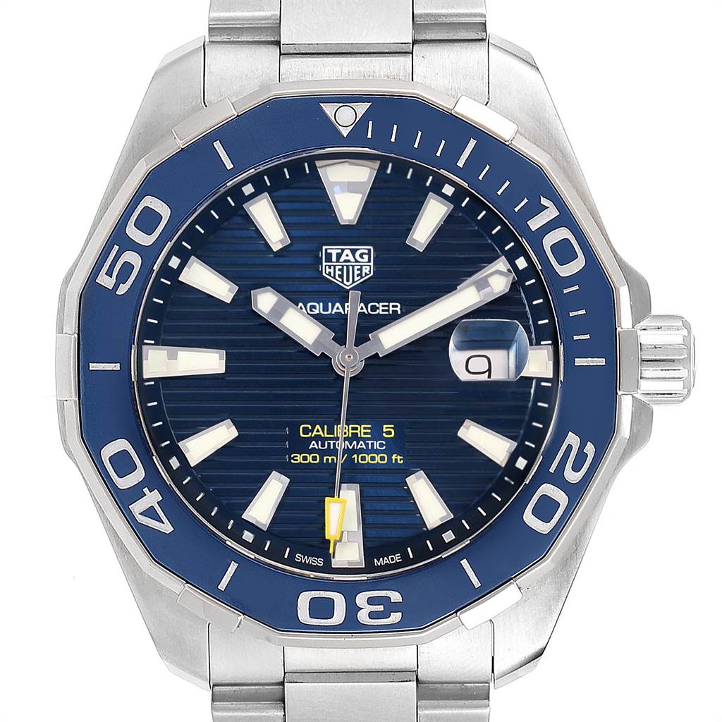 This image shows a front view of the Tag Heuer Aquaracer WAY201B Men's Stainless Steel Blue Dial WAY201B Men's Stainless Steel Blue Dial watch, focusing on its blue dial, bezel, and silver bracelet.