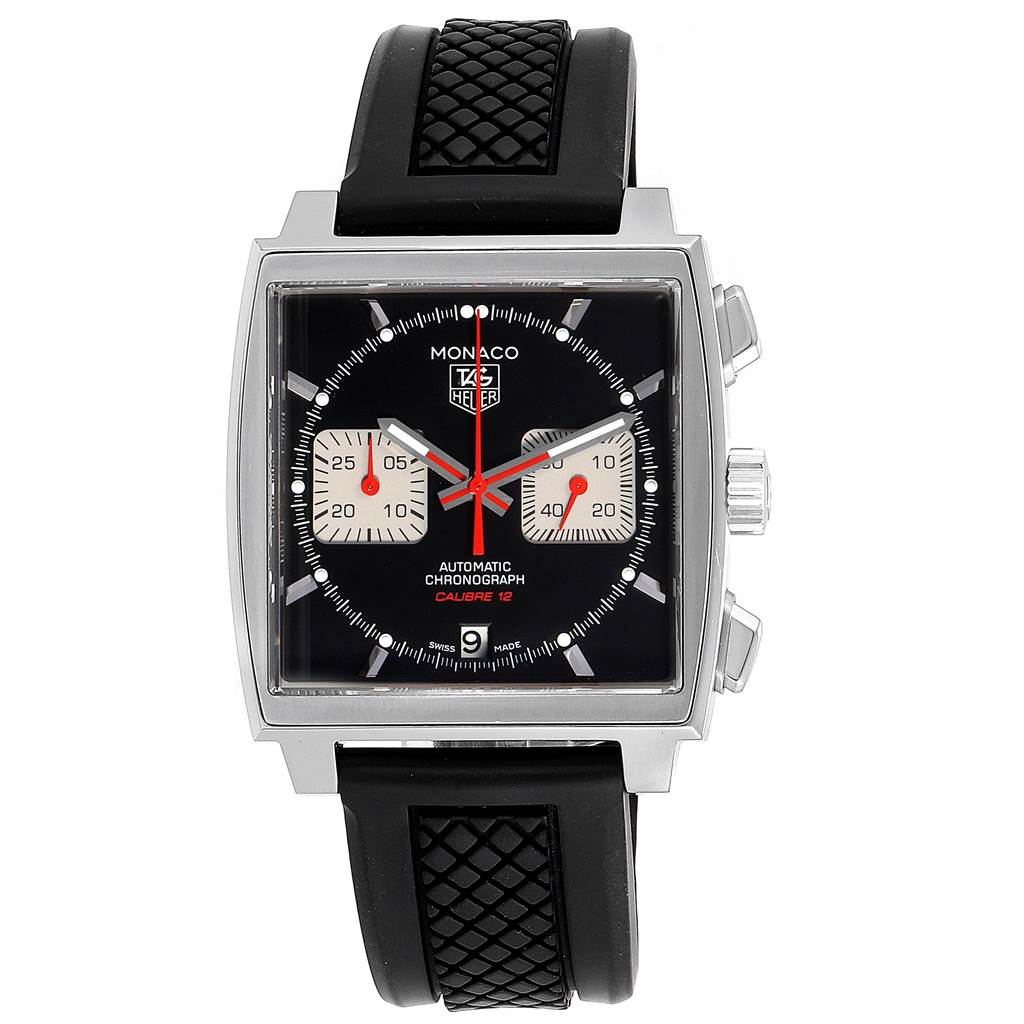 The image shows a frontal view of a Tag Heuer Monaco CAW2114 Men's Stainless Steel Black Dial CAW2114 Men's Stainless Steel Black Dial watch, highlighting its square dial, chronograph subdials, and rubber strap.
