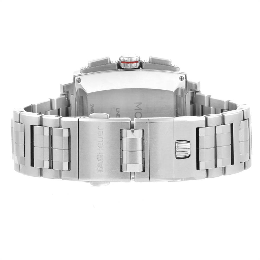 The image shows the back view of the Tag Heuer Monaco CAL2110.BA0781 Men's Stainless Steel Black Dial CAL2110.BA0781 Men's Stainless Steel Black Dial watch, highlighting its clasp and band.