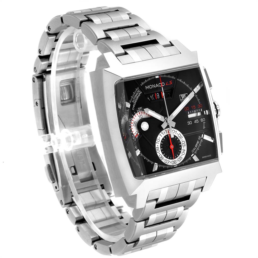 The Tag Heuer Monaco CAL2110.BA0781 Men's Stainless Steel Black Dial CAL2110.BA0781 Men's Stainless Steel Black Dial watch is shown at a slight side angle, highlighting its square dial and metallic bracelet.