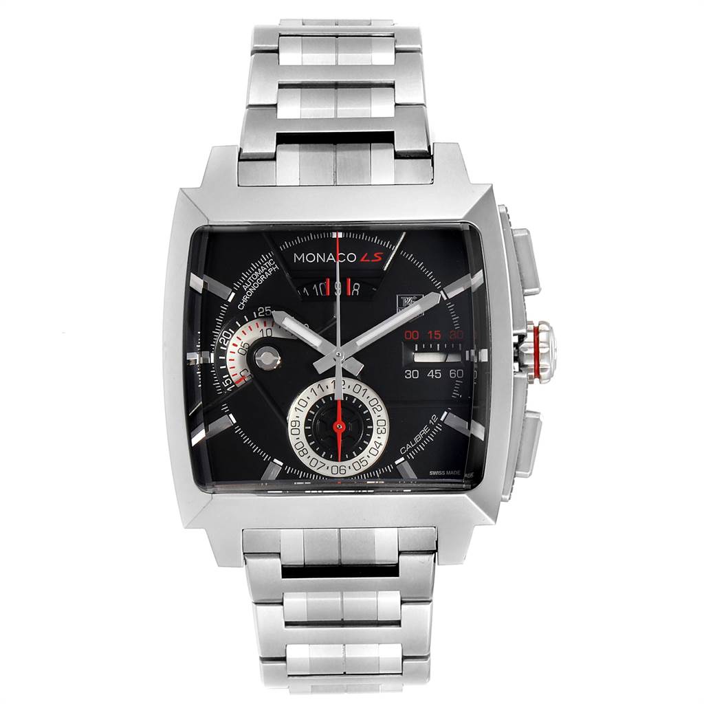 This image shows a front view of the Tag Heuer Monaco CAL2110.BA0781 Men's Stainless Steel Black Dial CAL2110.BA0781 Men's Stainless Steel Black Dial watch, featuring its square face and stainless steel bracelet.