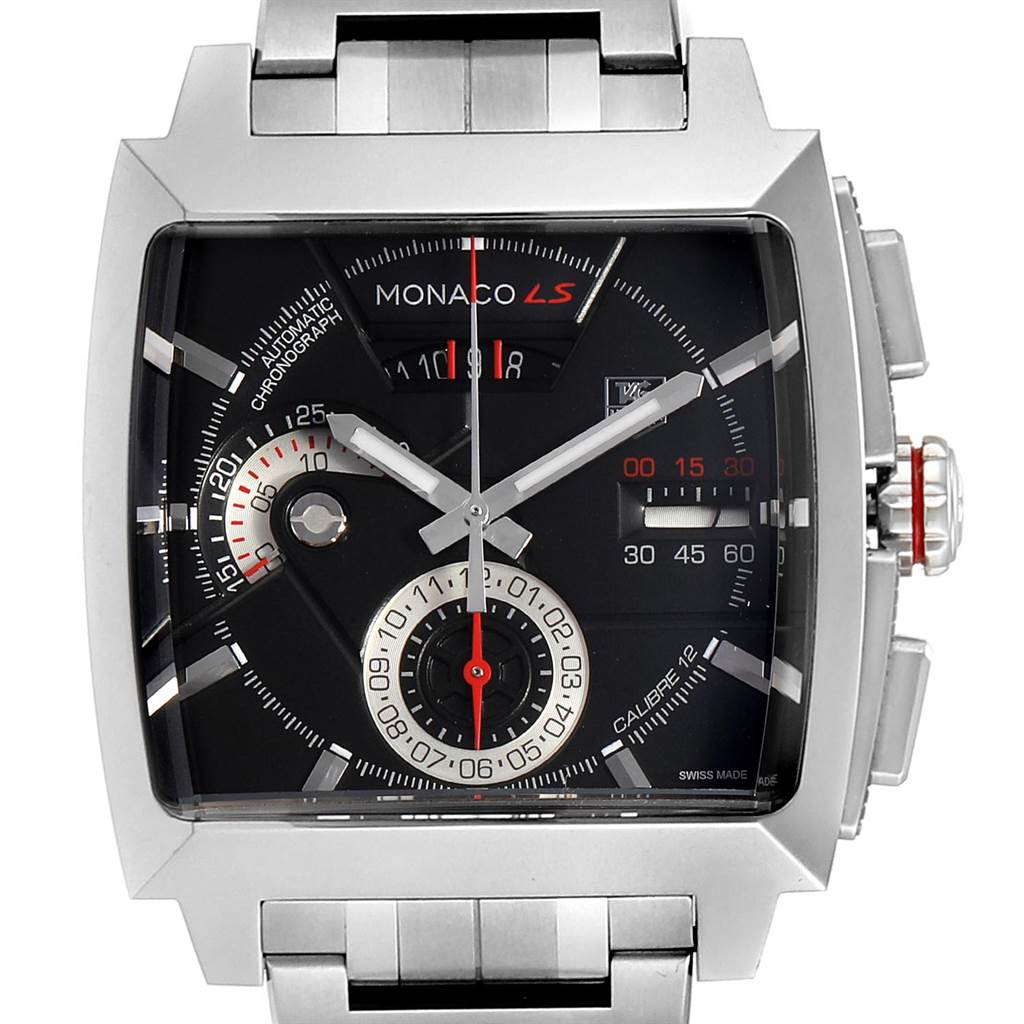 The image shows a front view of the Tag Heuer Monaco CAL2110.BA0781 Men's Stainless Steel Black Dial CAL2110.BA0781 Men's Stainless Steel Black Dial watch, highlighting its square dial and chronograph features.