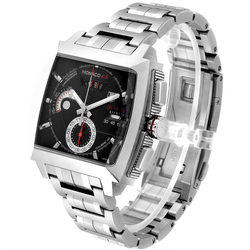 The image shows a Tag Heuer Monaco CAL2110.BA0781 Men's Stainless Steel Black Dial CAL2110.BA0781 Men's Stainless Steel Black Dial watch at a three-quarter angle, highlighting its square case, black dial, and metal bracelet.