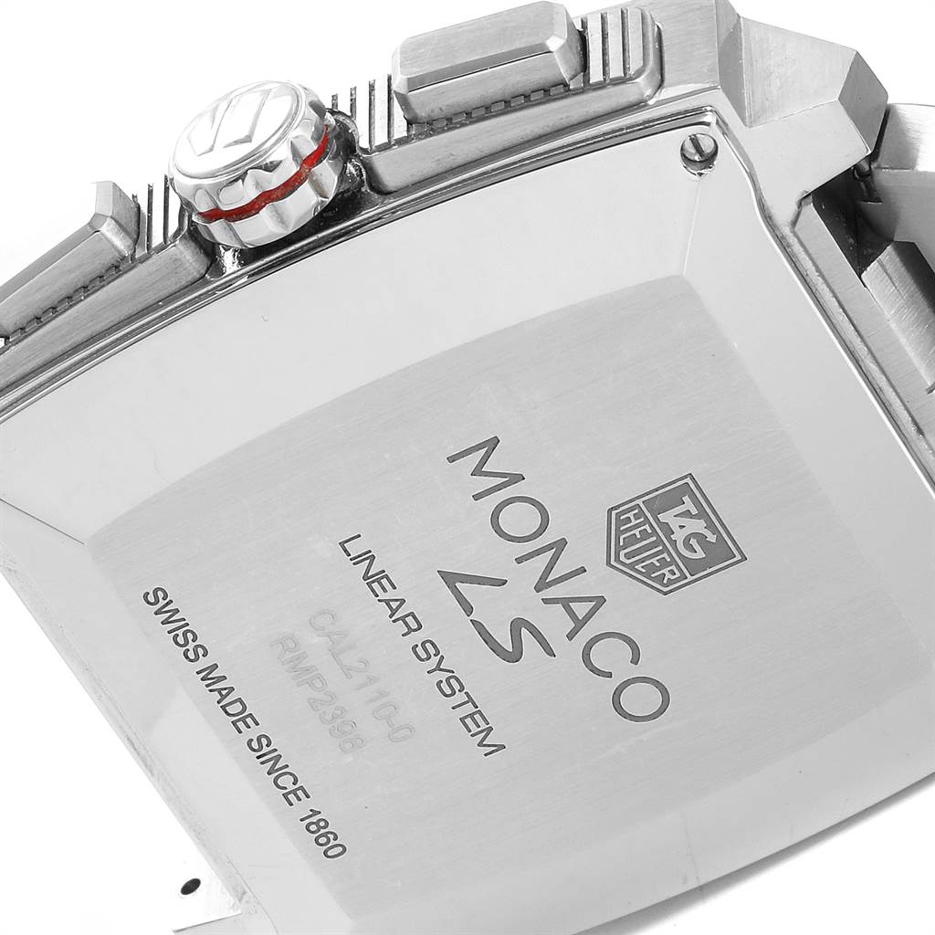 The image shows the back case and crown of the Tag Heuer Monaco CAL2110.BA0781 Men's Stainless Steel Black Dial CAL2110.BA0781 Men's Stainless Steel Black Dial model watch from an angled view.