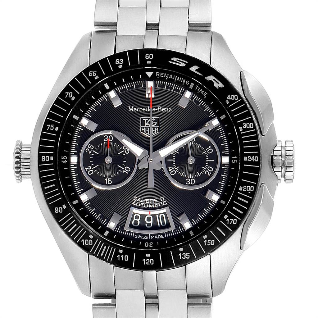 The image shows a front view of a Tag Heuer SLR CAG2111.BA0253 Men's Stainless Steel Black Dial CAG2111.BA0253 Men's Stainless Steel Black Dial model watch, displaying the dial, bezel, chronograph subdials, and bracelet.