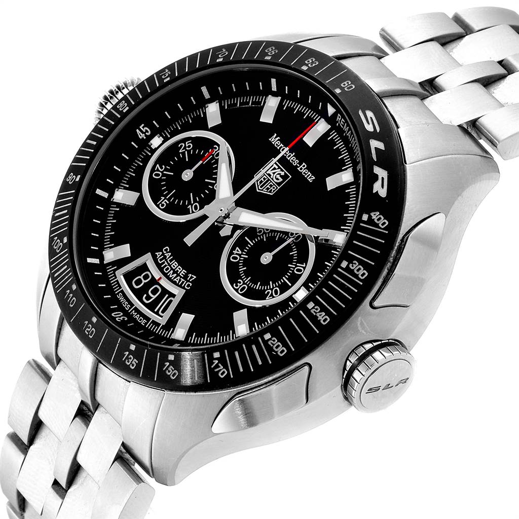 The Tag Heuer SLR CAG2111.BA0253 Men's Stainless Steel Black Dial CAG2111.BA0253 Men's Stainless Steel Black Dial watch is shown from a front angle, displaying its dial, bezel, crown, and part of its bracelet.