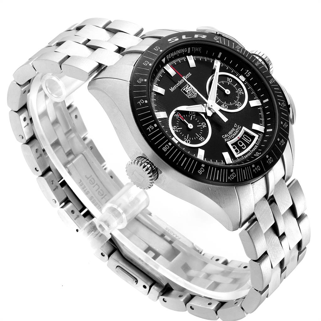 The image displays a Tag Heuer SLR CAG2111.BA0253 Men's Stainless Steel Black Dial CAG2111.BA0253 Men's Stainless Steel Black Dial model watch at a three-quarter top-down angle, highlighting the face, bezel, crown, and bracelet.