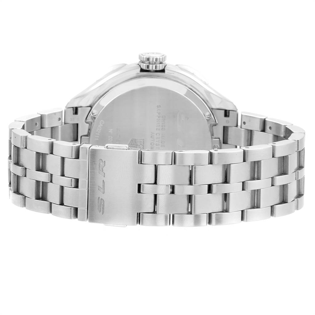 The image shows the back view of a Tag Heuer SLR CAG2111.BA0253 Men's Stainless Steel Black Dial CAG2111.BA0253 Men's Stainless Steel Black Dial watch, focusing on its stainless steel bracelet and clasp.