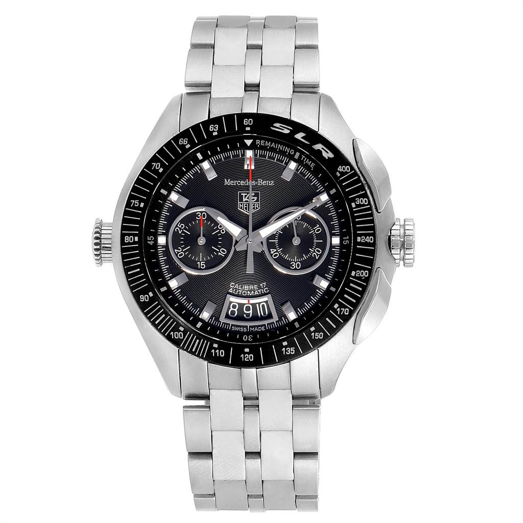 The image shows a front view of the Tag Heuer SLR CAG2111.BA0253 Men's Stainless Steel Black Dial CAG2111.BA0253 Men's Stainless Steel Black Dial model watch, displaying its dial, bezel, and stainless steel bracelet.