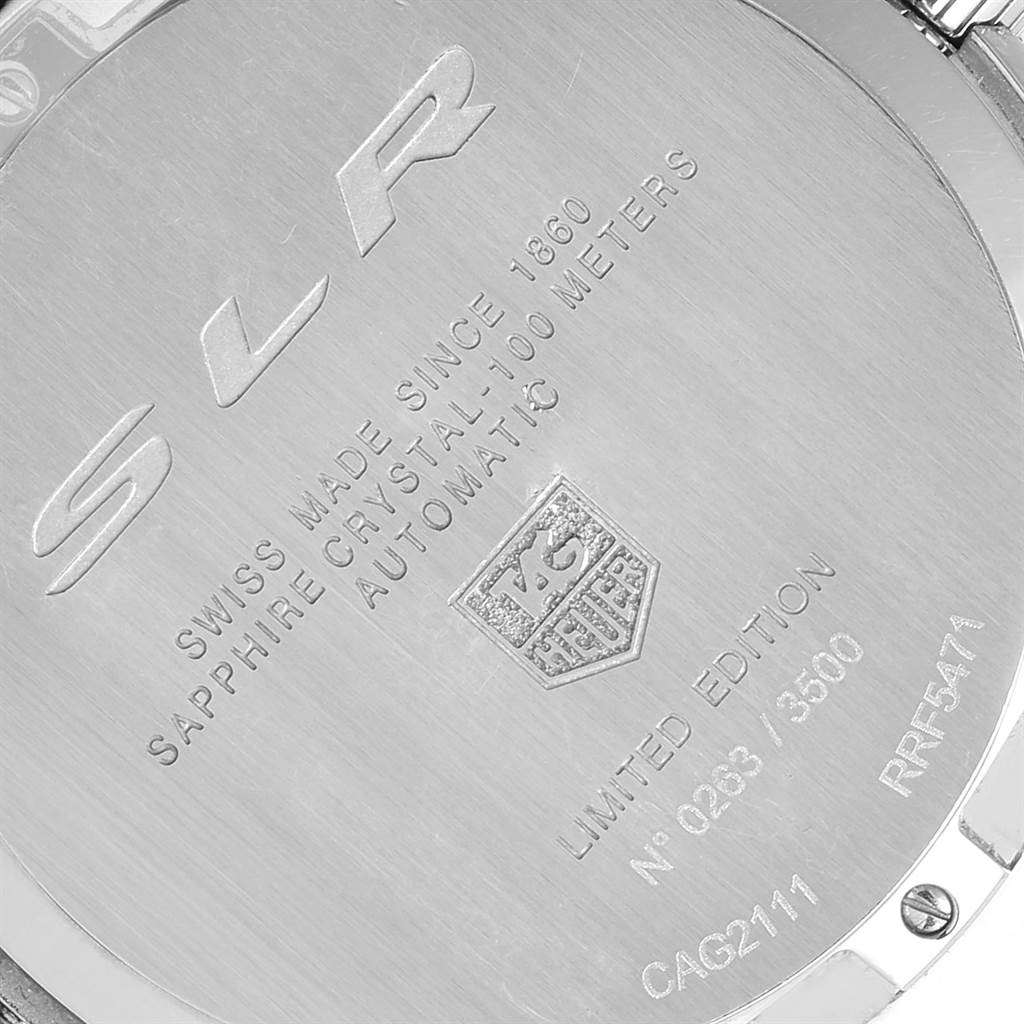 This is a close-up shot of the back casing of the Tag Heuer SLR CAG2111.BA0253 Men's Stainless Steel Black Dial CAG2111.BA0253 Men's Stainless Steel Black Dial watch, showing branding and model details.