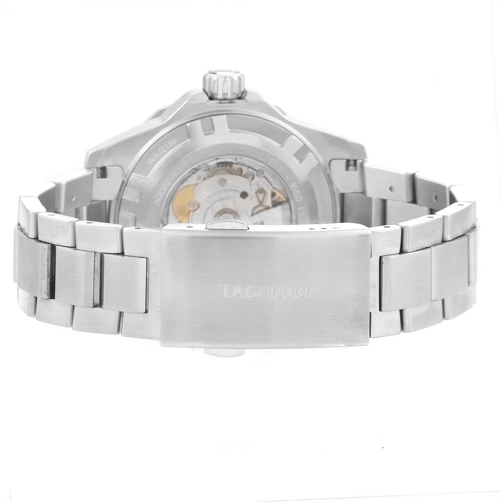 This image shows the back view of a Tag Heuer Aquaracer WAJ2150.BA0870 Men's Stainless Steel Black Dial WAJ2150.BA0870 Men's Stainless Steel Black Dial watch showcasing the bracelet and clasp.