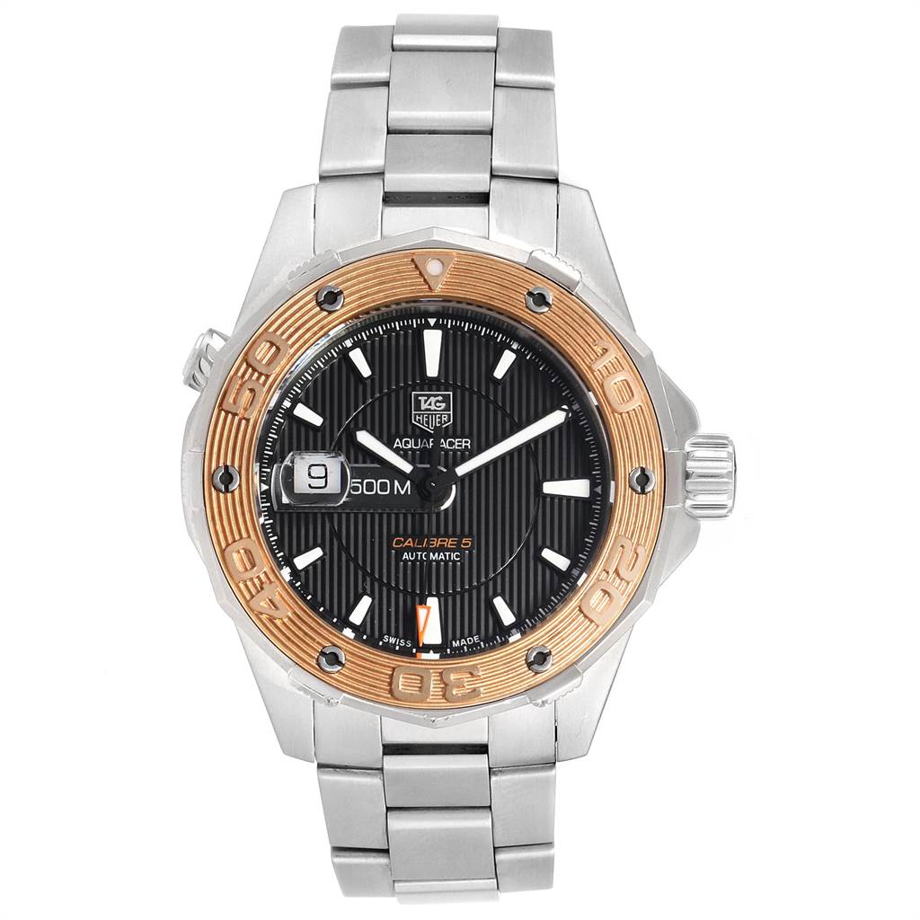 The image shows a front view of a Tag Heuer Aquaracer WAJ2150.BA0870 Men's Stainless Steel Black Dial WAJ2150.BA0870 Men's Stainless Steel Black Dial watch featuring a metal bracelet and a gold-tone bezel.