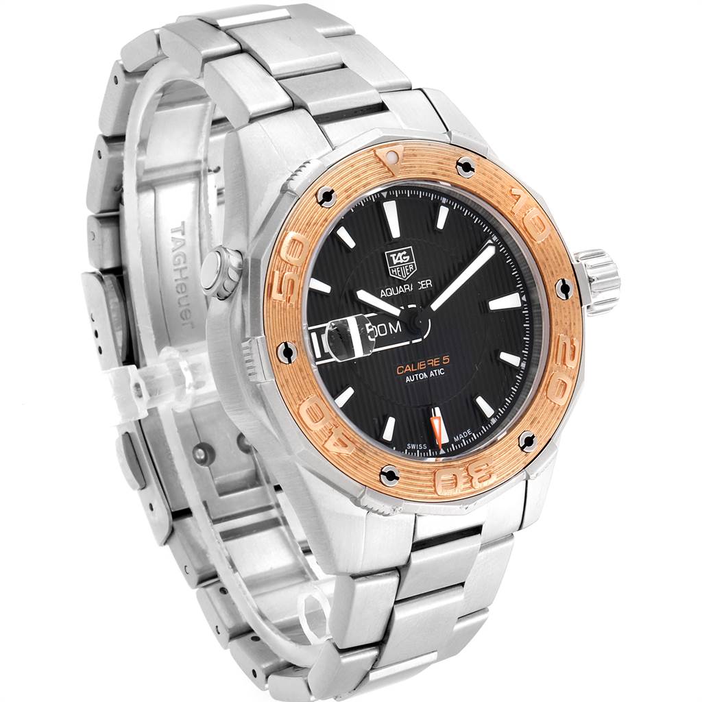 The image shows a side angle view of the Tag Heuer Aquaracer WAJ2150.BA0870 Men's Stainless Steel Black Dial WAJ2150.BA0870 Men's Stainless Steel Black Dial watch, highlighting the face, bezel, bracelet, and crown.