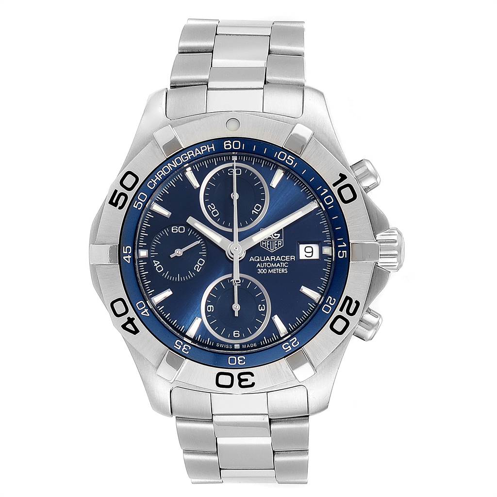 This is a head-on view of the Tag Heuer Aquaracer CAF2112 Men's Stainless Steel Blue Dial CAF2112 Men's Stainless Steel Blue Dial watch, showcasing the face, bezel, and metal bracelet.