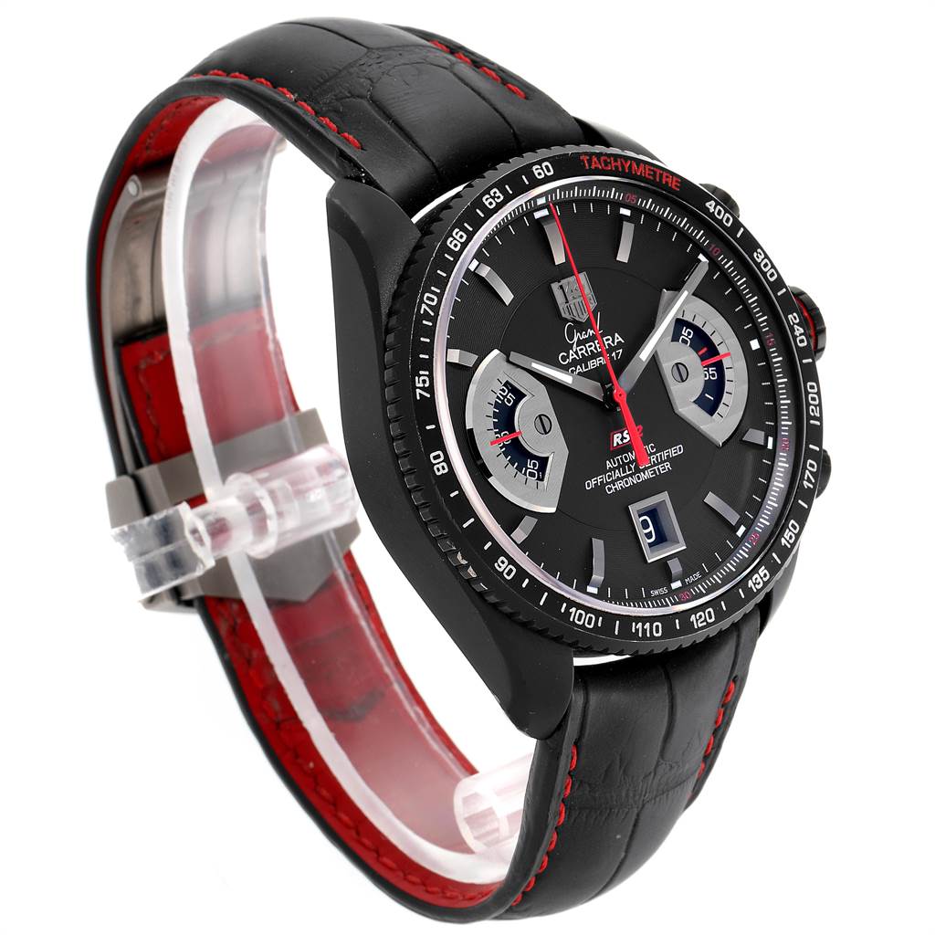 The image shows a front-left angled view of the Tag Heuer Carrera CAV518B.FT6016 Men's Stainless Steel Black Dial CAV518B.FT6016 Men's Stainless Steel Black Dial watch, highlighting the face, bezel, and leather strap.