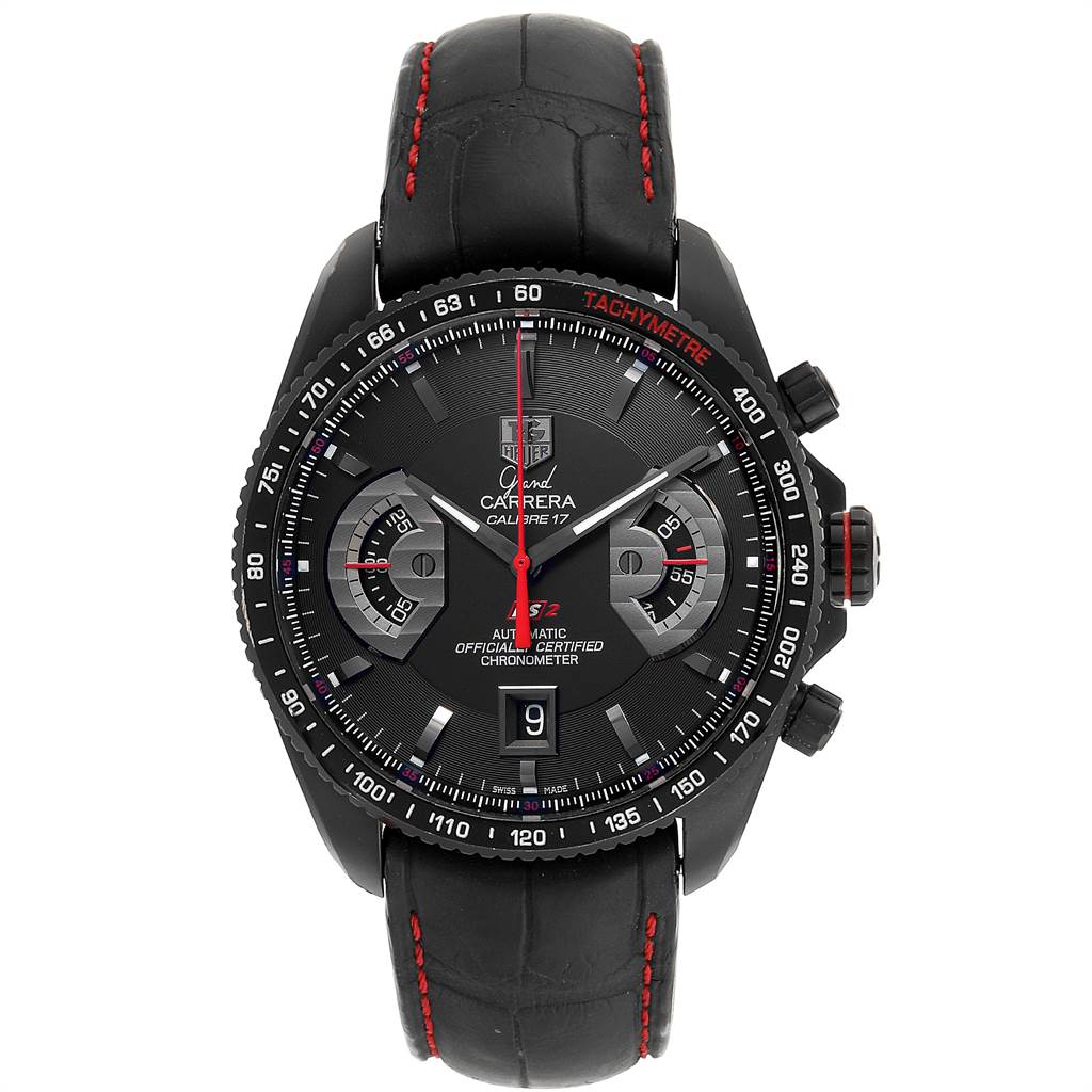 The image shows the front view of a Tag Heuer Carrera CAV518B.FT6016 Men's Stainless Steel Black Dial CAV518B.FT6016 Men's Stainless Steel Black Dial watch, highlighting the dial, chronograph, tachymeter bezel, and leather strap.