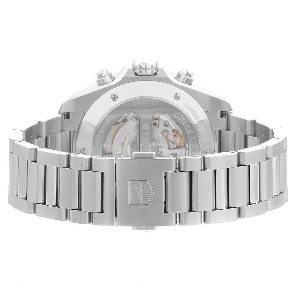 The image shows the back view of the Tag Heuer Limited Edition CAV511F.BA0902 Men's Stainless Steel Blue Dial CAV511F.BA0902 Men's Stainless Steel Blue Dial CAV511F watch, highlighting the case back and metal bracelet.