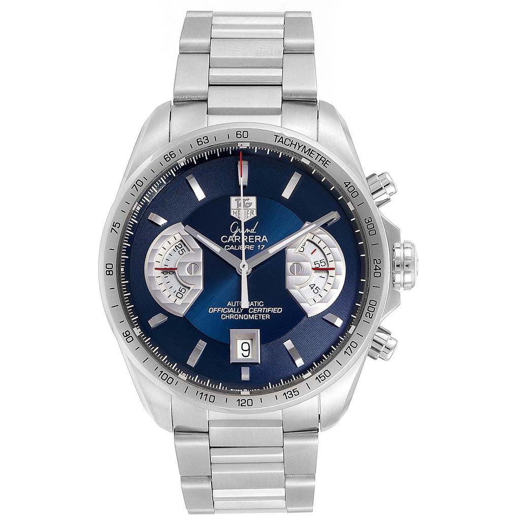 The image shows a front view of the dial and bracelet of the Tag Heuer Limited Edition CAV511F.BA0902 Men's Stainless Steel Blue Dial CAV511F.BA0902 Men's Stainless Steel Blue Dial Carrera Calibre 17 watch.